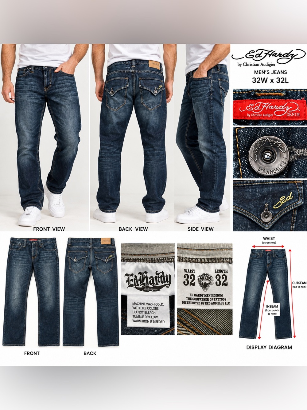 Ed Hardy Christian Audigier Men’s Jeans 32x32 Dark Wash Y2K Tattoo Denim
